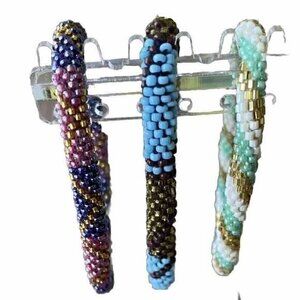 Sashka Co Bracelet Lot 3 Roll Blue/ Brown/Red Seed Bead Nepal Artist Crocheted